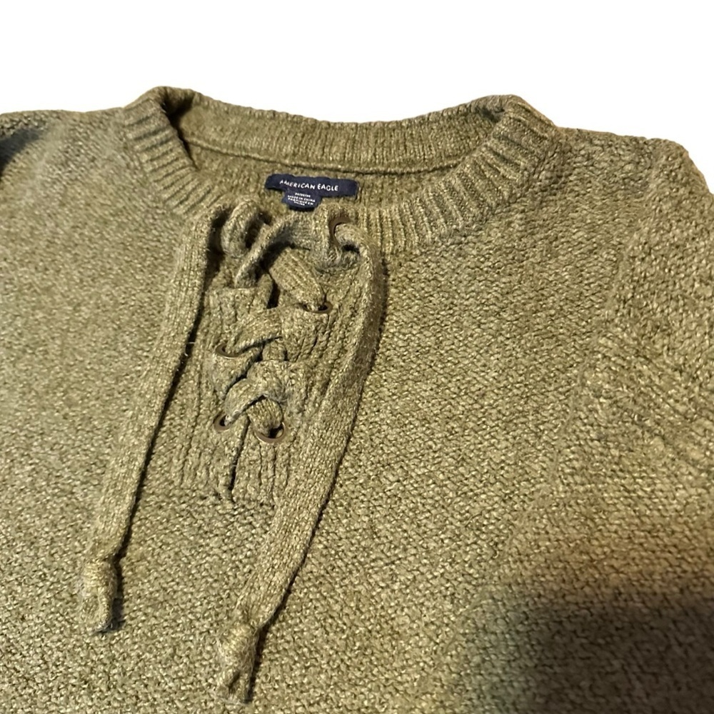 American Eagle Olive Green, LaceUp Cropped Y2k 90’s Casual Everyday Sweater sz M - Picture 6 of 14